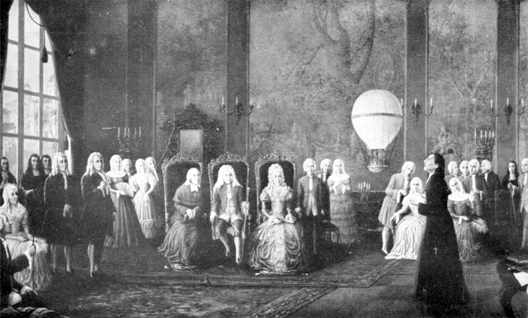 De Gusmão demonstrating the flying capabilities of a small aerostat before King João V and his court.